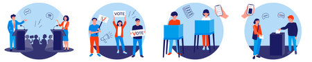 Political debates and discussions with candidates. A call to vote. The people in the voting booth are making their choice. People are throwing ballots into the ballot box. Voting online.のイラスト素材