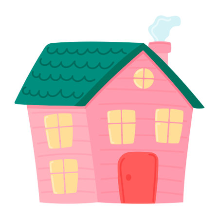 Pink house with a green roof and a chimney. Front view. Children's house is isolated on a white background. Vector illustration in the flat style.のイラスト素材