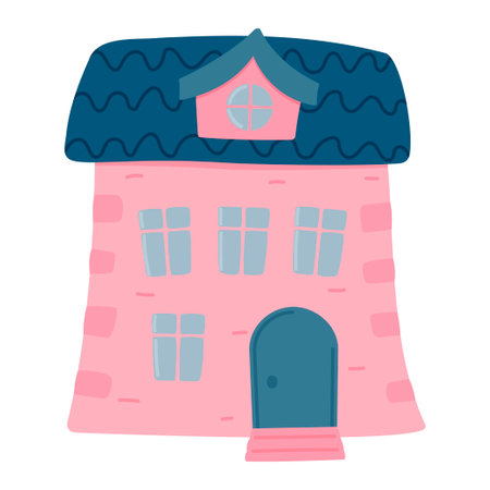 Pink house with a blue roof. Front view. Children's house is isolated on a white background. Vector illustration in a flat style.のイラスト素材