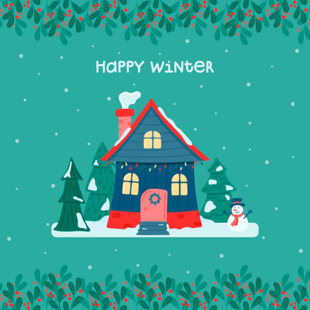 Happy winter. Cute Christmas and winter house. Ð¡hildren's decorated house on the background of the falling snow, fir trees and a snowman. Vector illustration in a flat style.のイラスト素材
