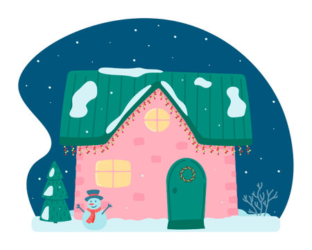 Cute Christmas and winter house. Ð¡hildren's decorated house on the background of the night sky, falling snow, fir trees and a snowman. Vector illustration in a flat style.のイラスト素材