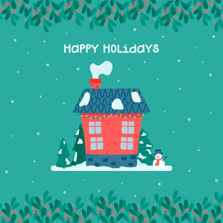 Happy holidays greeting card. Cute Christmas and winter house. Decorated house on the background of the falling snow, fir trees and a snowman. Vector illustration in flat style.のイラスト素材