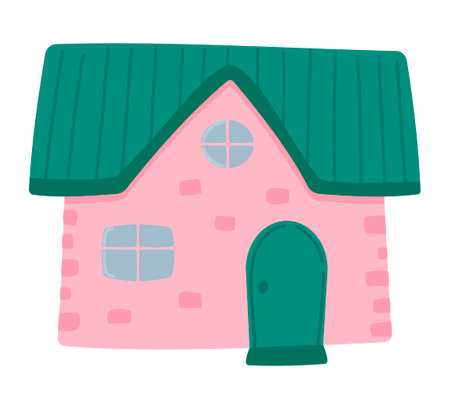 Pink house with green roof. Front view. Children's house is isolated on a white background. Vector illustration in the flat style.のイラスト素材