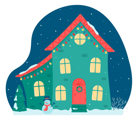 Cute Christmas and winter house. Decorated house on the background of the sky, falling snow, fir trees. Vector illustration in a flat style.のイラスト素材