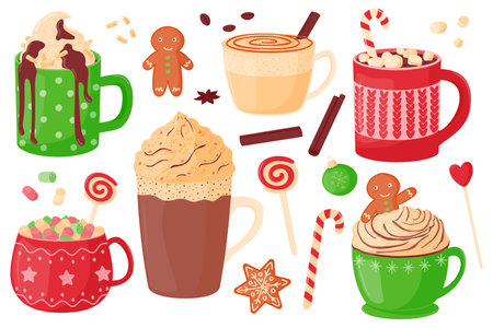 Christmas set of hot drinks. Festive cute mugs with hot cocoa, coffee, chocolate, whipped cream, marshmallows and sweets. Vector illustration isolated on a white background in the flat style.のイラスト素材