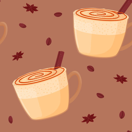 Seamless pattern. Caramel latte with cinnamon in a glass cup. Cozy drink. Vector illustration in the flat style.のイラスト素材