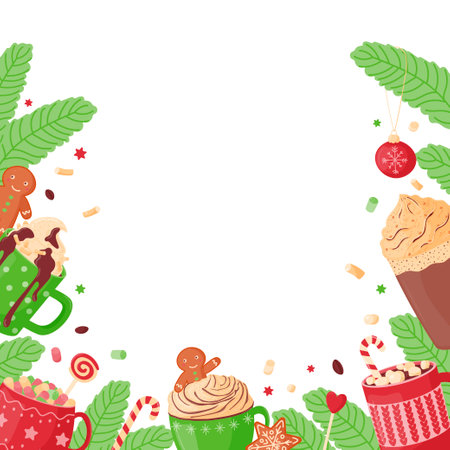 Christmas frame made of hot drinks, sweets, gingerbread. Festive cute mugs with hot cocoa, coffee, chocolate, whipped cream, marshmallows and sweets. Vector illustration on a white background.のイラスト素材