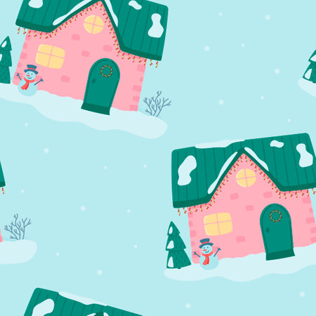 Seamless pattern of colorful houses and fir trees. Vector illustration.のイラスト素材