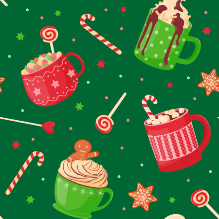 Seamless pattern. Festive cute mugs with hot cocoa, coffee, chocolate, whipped cream, marshmallows and sweets. Cozy drink. Vector illustration in the flat style.のイラスト素材