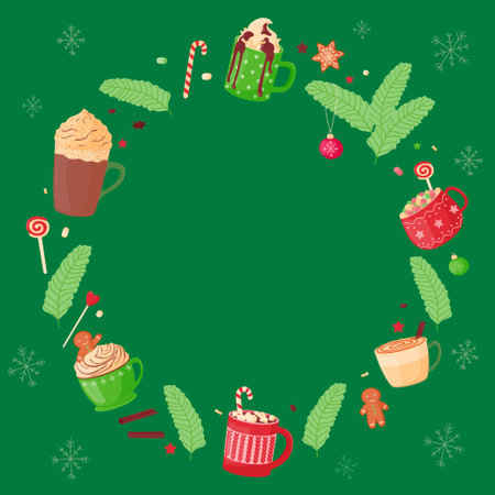 Festive frame of cute mugs with hot cocoa, coffee, chocolate, whipped cream, marshmallows and sweets. Vector illustration on a green background.のイラスト素材