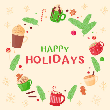 Festive frame of cute mugs with hot cocoa, coffee, chocolate, whipped cream, marshmallows and sweets. Happy holidays. Vector illustration on a light background.のイラスト素材