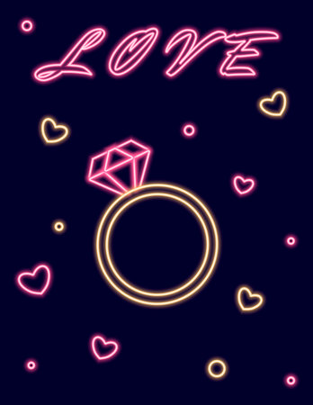 Neon illustration with a ring, hearts and the inscription Love. A poster on the theme of Valentine's Day. Vector illustration in pink and yellow color scheme on a dark background.のイラスト素材