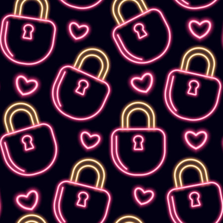 Neon seamless pattern with romantic Valentine's Day themed icons. An illustration with locks and hearts. Vector illustration on a dark background.のイラスト素材