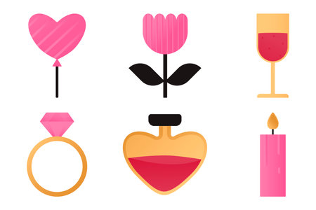 Set of elements with romantic symbols - balloon, glass of wine, elixir, candle, ring, flower. Vector illustrations on the theme of Valentine's Day, birthday.のイラスト素材