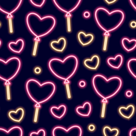 Neon seamless pattern with romantic Valentines Day themed icons. Illustration with balloons and hearts. Vector illustration on a dark background.のイラスト素材