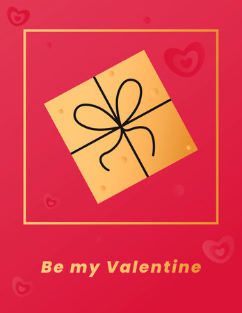 Valentine card with a gift box and the inscription Be my Valentine. Poster on the theme of Valentines Day. Vector illustration on a red background with hearts.のイラスト素材