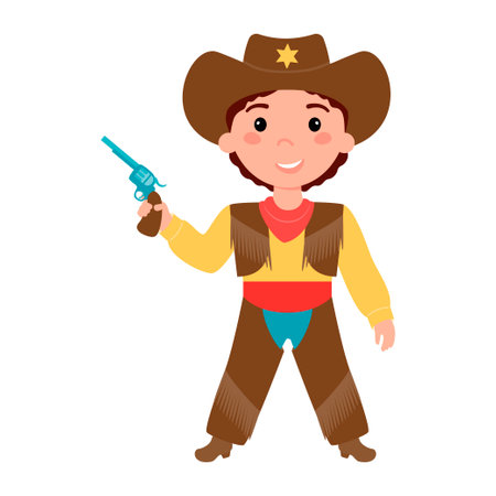 Boy dressed in a cowboy costume, a sheriff and holding a gun in his hands. Carnival, children's party. Vector illustration on a white background.のイラスト素材