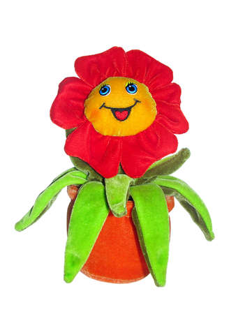 happy red plush camomile toy isolated on whiteの写真素材