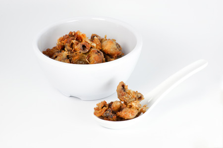 Chitterlings Fried garlic on white backgroundの写真素材