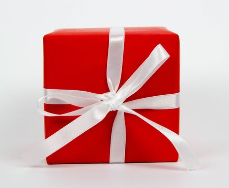 top view red gift box isolated on white backgroundの写真素材