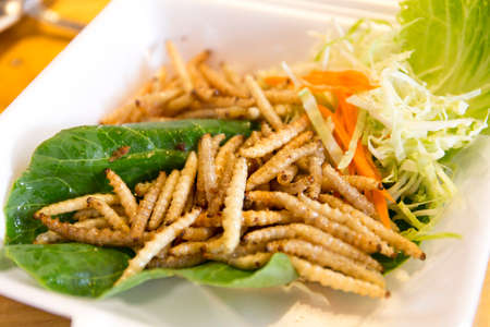 fried worm on table at Thai native market