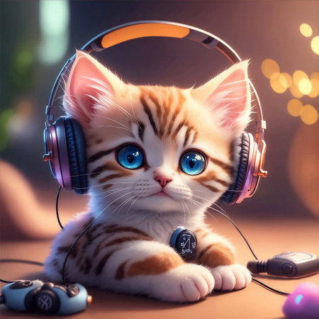 Cute little kitten with headphones listening to music. Animal concept.の素材