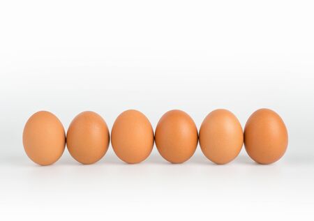 Fresh chicken eggs are evenly arranged on a white background. Raw chicken eggs are highly nutritious. It is often used as an ingredient in cooking and baking.の写真素材