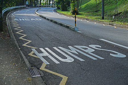 Road with 'Humps Ahead' signの写真素材