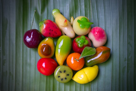 Kanom Luk Chup Thai dessert on the banana leafの写真素材