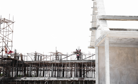 Wooden scaffolding in Thai temple construction siteの写真素材