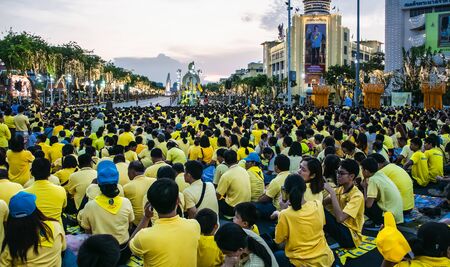 Thai people wear yellow shirts for His Majesty King Rama 10 through Ratchadamnoen Road, Bangkok,...