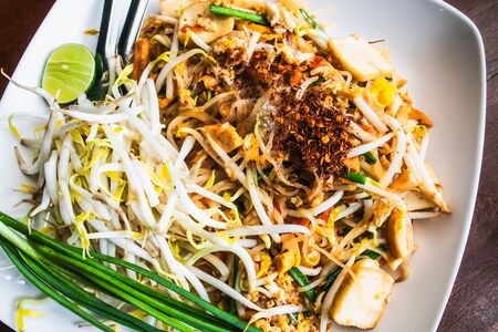 Pad-thai, Thai noodle in white plate, Backgrounds