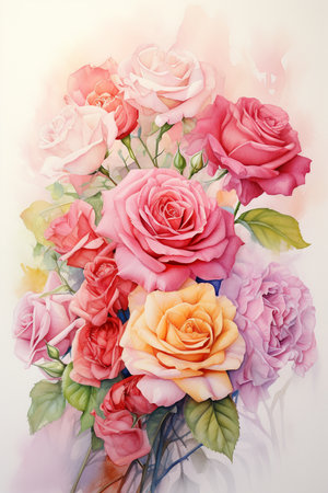 Rose flower bouquet watercolor art painting design on white background. flowers bouquet wedding inviatioa card design.の素材