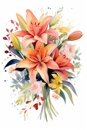 Beautiful flowers watercolor bouquet on white background. Generative AI.の素材