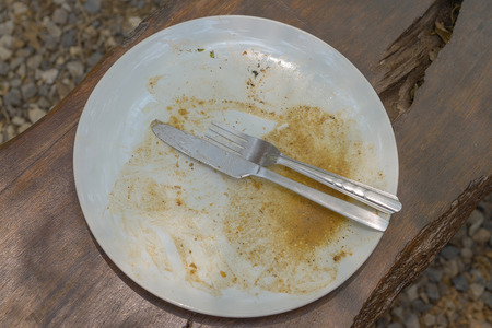 Dirty plate and cutlery on a wood table