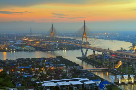 Bhumibol Bridge in Thailand, also known as the Industrial Ring Road Bridge, in Thailand. The bridge crosses the Chao Phraya River twiceのeditorial素材