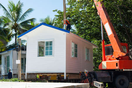 Prefab house, prefabricated house crane.の写真素材