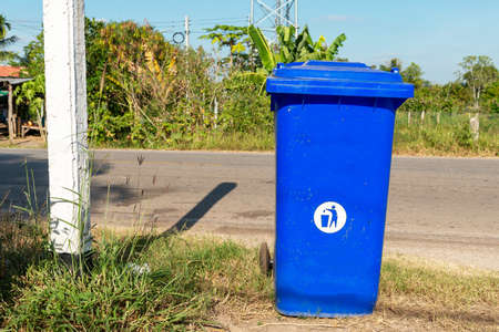 Blue  recycle bin at road side,  garbage bins in outdoor.の写真素材