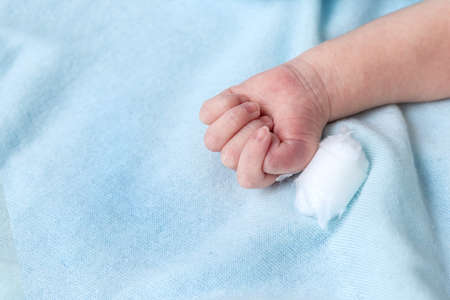 New born baby hand,  baby hand and finger on the blue  backgroundの写真素材