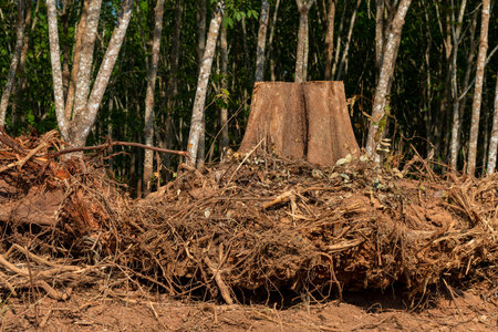 Dig  a tree  root  Fallen tree. Torn tree root. a torn tree with roots from under the ground lies on the ground in leaves. trees are getting brutally killed and torned apart trashing the roots, branchの写真素材