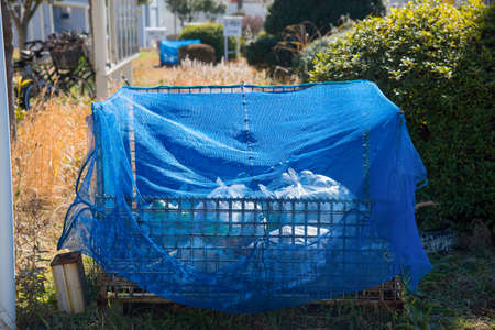The metal net box of container for collection of the plastic bottles for recycle. garbage sorting