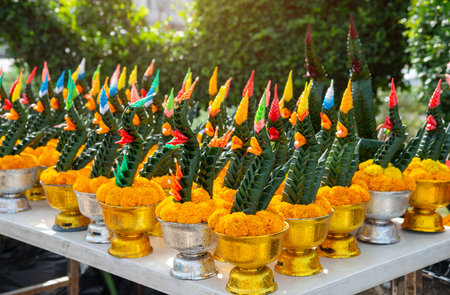 Tray with pedestal made by leaf and flower,major is banana leaf and marigold,mean happy and growth,for hallow holy object,Buddha,Brahmanの写真素材