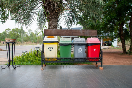Garbage trash bins for waste segregation. Separate waste collection food waste, infection, biodegradable, non biodegradable and recycle trash bin. Multicolor trash bin.の写真素材