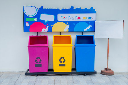 Different colored trash cans in the park. separate trash, sort waste to be recycled again. examples of modern trash cansの写真素材