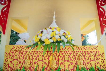 Funeral containers used in Thailand , Colorful details in Thai templeの写真素材