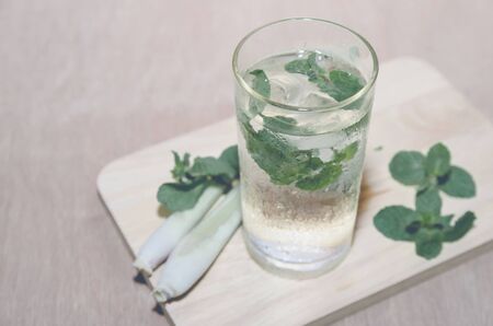 cup of green tea with mint,lemon grass,soft focusの写真素材