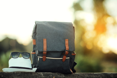 backpack with sunset, Travel conceptの写真素材