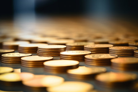 close up of rows coins for finance and banking conceptの素材