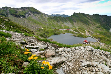 a mountain lake in the middle of a mountainの写真素材