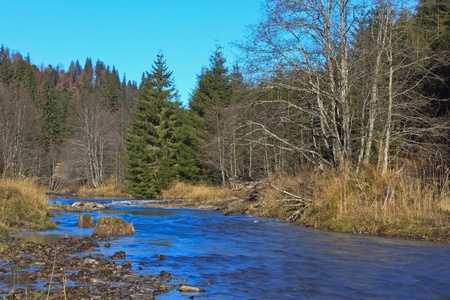 blue sky reflection in a mountain river